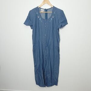 Vintage Coquette Modest Jean Short Sleeve Floral Embroidery Zip Back Retro Denim